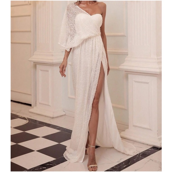 Luxe Sequin One Shoulder Evening Formal Wedding Dress - Picture 1 of 8